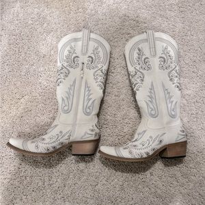 REDTOP Women's Western Cowgirl Boots White Embroidered Rhinestone Wedding Boots